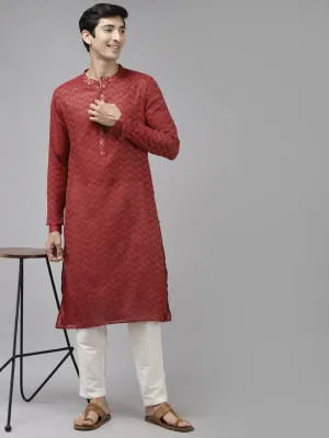 Men Maroon & Beige Woven Design Thread Work Kurta With Pyjama