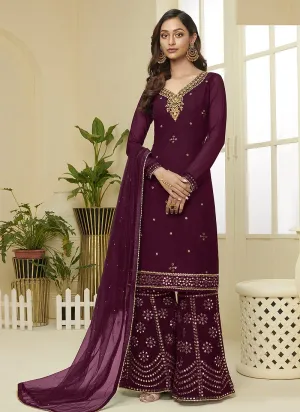 Wine Embroidered Faux Georgette Gota Work Sharara Suit